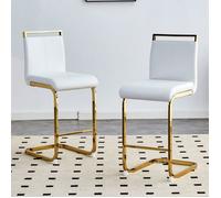 Lot de 2 Tabourets de Bar Simili Cuir Blanc Pieds Dorés Style Nordique - Chaise Haute Cuisine Moderne Assise 63.5 cm