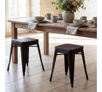 lot de 2 tabourets HWC-A73 avec assise en bois, tabouret métallique, métal design industriel empilable ~ noir