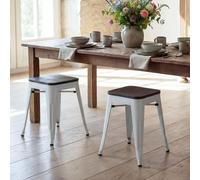 lot de 2 tabourets HWC-A73 avec assise en bois, tabouret métallique, métal design industriel empilable ~ blanc