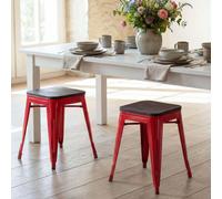 lot de 2 tabourets HWC-A73 avec assise en bois, tabouret métallique, métal design industriel empilable ~ rouge