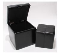 Lot de 2 tabourets Onex, pouf + cube-coffre, cuir, noir