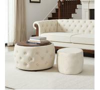 Lot de 2 Tabourets Pouf de Rangement Emboîtables Ronds - BELLEMAVE - Coffres de Rangement en Velours - 4 en 1 - Sans Montage - Beige