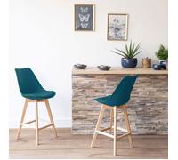 Happy Garden Lot de 2 tabourets de bar Sven scandinave, coussin bleu, dossier, pieds hêtre