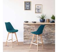 Happy Garden Lot de 2 tabourets de bar Sven scandinave, coussin bleu, dossier, pieds hêtre