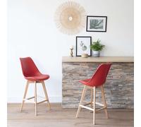 Happy Garden Lot de 2 tabourets de Bar Sven Rouges avec Coussin. Tabourets de Bar Style scandinave avec Dossier et Repose-Pieds, tabourets de Cuisine, Pieds en Bois de hêtre Massif