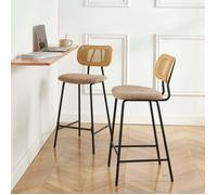 Lot de 2 tabourets TINA tissu bouclette taupe et cannage rotin