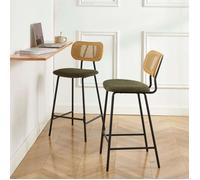 Lot de 2 tabourets TINA tissu bouclette vert et cannage rotin