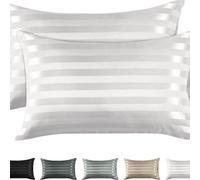 Lot de 2 taies d'oreiller en satin, format standard, couleur unie douce, en microfibre satinée, fermeture à rabat, infroissable, résistante à la décoloration, respirante (40 x 60 cm, rayures blanches)