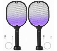 Lot de 2 tapettes à mouches électriques 3000 V rechargeables USB-C - Tapette à mouches électrique portable sans fil pour tuer les moustiques, les guêpes, les moucherons, les mouches - Noir