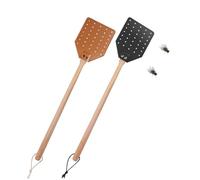 Lot de 2 tapettes à mouches en cuir avec long manche en bois - Attrape-insectes manuel pour intérieur et extérieur - 50 cm (noir et marron)