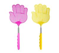 Lot de 2 tapettes à mouches en forme de paume (jaune + rose), tapette à mouches extensible, antiparasitaire avec poignée télescopique solide, flexible et durable.