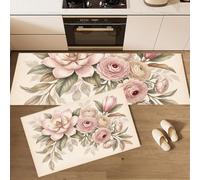 Lot De 2 Tapis De Cuisine Antidérapant Lavable Fleurs Françaises Romantiques | 43X75+43X150, Tapis Cuisine Pivoine Rétro Branche D'Arbre Devant Evier Bain, Anti-Fatigue, Facile Nettoyer, Crème