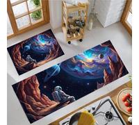 Lot De 2 Tapis De Cuisine Antidérapant Lavable Paysage Grotte D'Astronaute | 44X75+44X120, Tapis Cuisine Nébuleuse L'Univers Fantastique Devant Evier Bain, Anti-Fatigue, Facile Nettoyer, Bleu Foncé