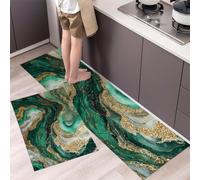 Lot de 2 Tapis de Cuisine Antidérapants Luxe Abordable Italien Tapis de Sol Ondulation Marbre Émeraude Lavables, Absorbant l'Eau et l'Huile pour Couloir, Salle à Manger, 45x75cm+45x150cm, Émeraude