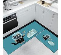 Lot de 2 Tapis de Cuisine Chat Noir Machine, Anti-Fatigue Antidérapants Confortables Dessin Animé Amusant Bleu-Vert Tapis de Sol, pour Cuisine Salon Couloir Chambre à Coucher 50x80cm+50x150cm