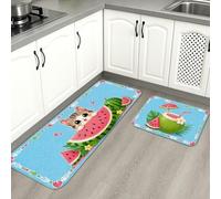 Lot de 2 tapis de cuisine d'été en forme de pastèque pour sol, motif chat mignon, tapis doux de style tropical, rembourré, confortable, lavable, pour cuisine, éviers, buanderie, salle de bain