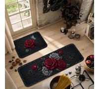 Lot de 2 tapis de cuisine gothiques à thème floral rose foncé | Motif floral gothique, tapis pour sol de cuisine, thème romantique sombre, accents élégants inspirés du damas