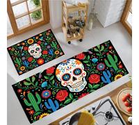Lot de 2 Tapis de Cuisine Jour Morts Mexicain, Lavable en Machine | Tapis Cuisine Devant Evier Tête Mort Mexicaine, Rose Antidérapante, Absorbante, Résistante à la Tache pour Couloir, Salle à Manger