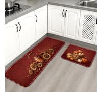 Lot de 2 tapis de cuisine motif tournesol rustique, citrouilles, bouilloire, rouge, confortable, lavable, tapis de sol rembourré pour évier, buanderie, entrée, couloir