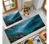 Lot de 2 Tapis de Cuisine Paysage De La Forêt Tropicale Tapis de Sol Montagnes Brumeuses avec Autocollants antidérapants Paillasson de Cuisine, pour Entrée, Couloir, Devant Evier, 40x60cm+40x120cm
