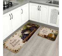 Lot de 2 tapis de cuisine rustiques pour le sol, style vintage « Gather Here » et « Fresh Kitchen » - Coussin d'automne confortable et lavable pour évier, buanderie
