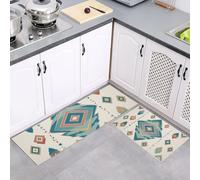 Lot de 2 Tapis de Cuisine Style Tribal Lavable en Machine, Bleu Tapis de Sol Losange Triangle Antidérapante Facile À Nettoyer, pour Cuisine Salon Chambre Couloir 50x80cm+50x150cm