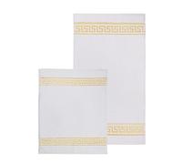 Lot de 2 tapis de salle de bain - Tapis de bain - Tapis de douche - Motif méandre grecque - Blanc doré - Avec picots - 100 % coton antidérapant - Lavable - Chauffage au sol