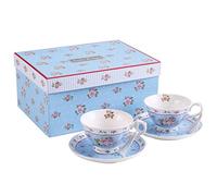 Lot de 2 Tasses à café et soucoupes Vintage Flower Flora Rose Lavande Coffret Cadeau (Bleu Lot 2)