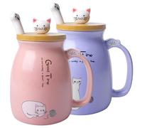 Lot de 2 tasses à café mignonnes en forme de chat en céramique avec couvercle et cuillère Kawaii - Cadeau pour les amoureux des chats - Rose + violet