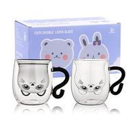 Lot de 2 tasses à thé et café en forme de chat mignon avec poignée - Tasse à lait à double paroi isolée en verre - pour un anniversaire, la Saint-Valentin et le bureau cadeau de Noël - Blanc et noir