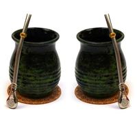 Lot de 2 tasses à thé maté Yerba mate en céramique avec calebasse 360 ml, paille en acier avec anneau de refroidissement, tampon en liège, kit de démarrage pour deux accessoires nécessaires