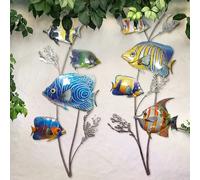 Lot de 2 tentures murales d'extérieur décoration de jardin design poissons tableaux en métal multicolores