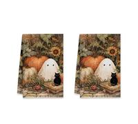 Lot de 2 torchons de cuisine d'Halloween fantôme, citrouille, chat, orange, accessoires de cuisine, décoration d'intérieur, 40,6 x 61 cm