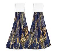 Lot de 2 torchons de cuisine élégants à suspendre en forme de plumes dorées Bleu marine 45,7 x 35,6 cm