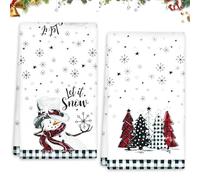 Lot de 2 Torchons de Cuisine Motif Arbres Flocons,Torchon Vaisselle de Noël | DéCoration De NoëL d'hiver,Cuisine Vaisselle,Motif à Carreaux,Flocons Neige,Doux et absorbants- 45 x 66 cm (Noir/Rouge)