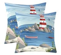 Lot de 2 Tour Housse de Coussin 60x60,Bateau En Pierre Au Bord de Mer Taie D'Oreiller,Goéland Oiseau Doux Housse D'Oreiller,Feuilles Rouges Bleues Impression Nuage Enfants Décor Coussin Décoratifs