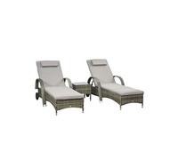 Outsunny Lot de 2 transats bains de soleil gris – têtière inclinable, roulettes + table basse verre