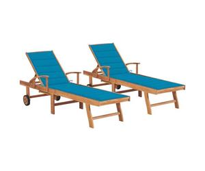Lot De 2 Transats Chaise Longue Bain De Soleil Lit De Jardin Terrasse Meuble D'extérieur Avec Coussin Bleu Bois De Teck Solide Helloshop26 02_0012027 Multicolore