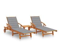 Lot De 2 Transats Chaise Longue Bain De Soleil Lit De Jardin Terrasse Meuble D'extérieur Avec Table Et Coussins Acacia Solide Helloshop26 02_0012103 Multicolore