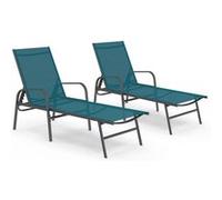 IDMarket - Lot de 2 transats de jardin Fidji - Acier gris anthracite, toile bleu canard, inclinables