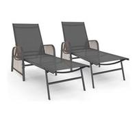 Lot de 2 transats de jardin inclinables RIO en acier gris anthracite, cordage effet rotin avec accoudoirs et toile grise