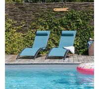 Lot De 2 Transats Galapagos En Textilène Bleu Gris - Aluminium Gris Anthracite Bleu