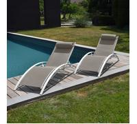 Lot de 2 transats GALAPAGOS en textilène taupe - aluminium blanc
