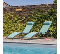 Lot de 2 transats GALAPAGOS en textilène vert d'eau - aluminium gris anthracite