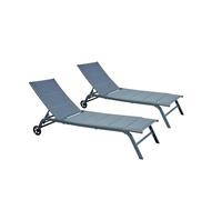 Lot de 2 Transats LISBOA Aluminium Inclinable Gris Foncé 192 cm | Assise textilène, 2 roues de transport intégrées, 5 positions d'inclinaison au choix