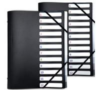 Lot de 2 Trieurs A4 12 compartiments avec rangement 3 rabats - Polypropylène noir résistant, fermeture élastiques, intercalaires polypro - Compartiments numérotés et identifiables - Classement bureau