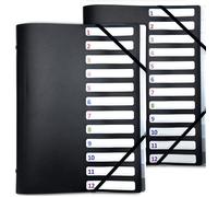 Lot de 2 Trieurs A4 12 compartiments avec rangement 3 rabats - Polypropylène noir résistant, fermeture élastiques, intercalaires polypro - Compartiments numérotés et identifiables - Classement bureau