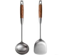 Lot de 2 ustensiles de cuisine professionnels en acier inoxydable 316L - Spatule ergonomique en bois Louche Cuillère pour cuisson à haute température barbecue grill 39 x 7,5 cm