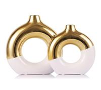 Lot de 2 vases en céramique blanc et doré pour décoration d'intérieur, vase en forme de beignet pour étagère, vase décoratif bohème moderne, vase rond à l'herbe de la pampa, parfait pour table à