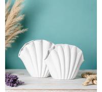 Lot de 2 vases en forme de coquillage en céramique blanche de 16 cm et 14,5 cm - Vases de coquillages côtiers pour fleurs séchées - Décoration de table nautique de plage - Vases esthétiques festonnés
